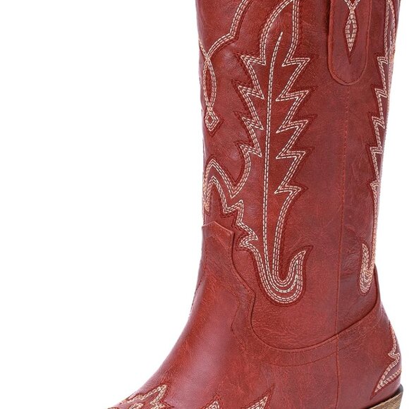 Women Cowboy Boots Leather 8 Inch Tall Embroidery Pointed Toe Western Fashion - Picture 1 of 4
